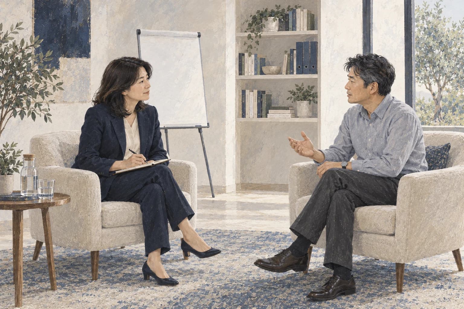 노트와 펜을 들고 경청하는 코치와 자신의 생각을 말하는 코치이 — 코칭 세션 일러스트